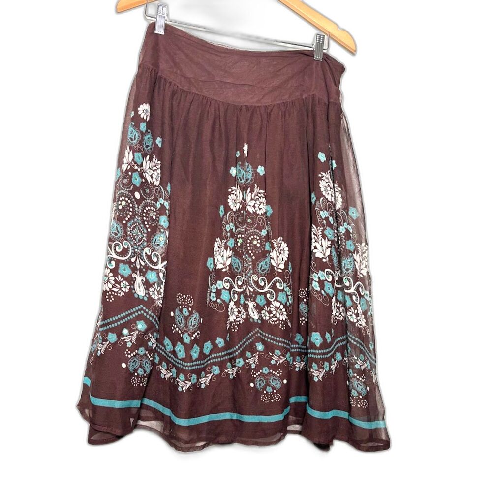 y2k VTG New York City Design Co Skirt brown sz 8 Embellished Sequin Floral Silk